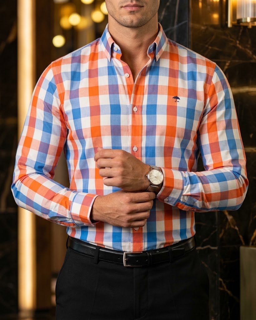 Camisa Hombre Cuadros Blanco Azul Naranja — Sunset Check | Moon & Rain