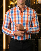 Camisa Hombre Cuadros Blanco Azul Naranja — Sunset Check | Moon & Rain