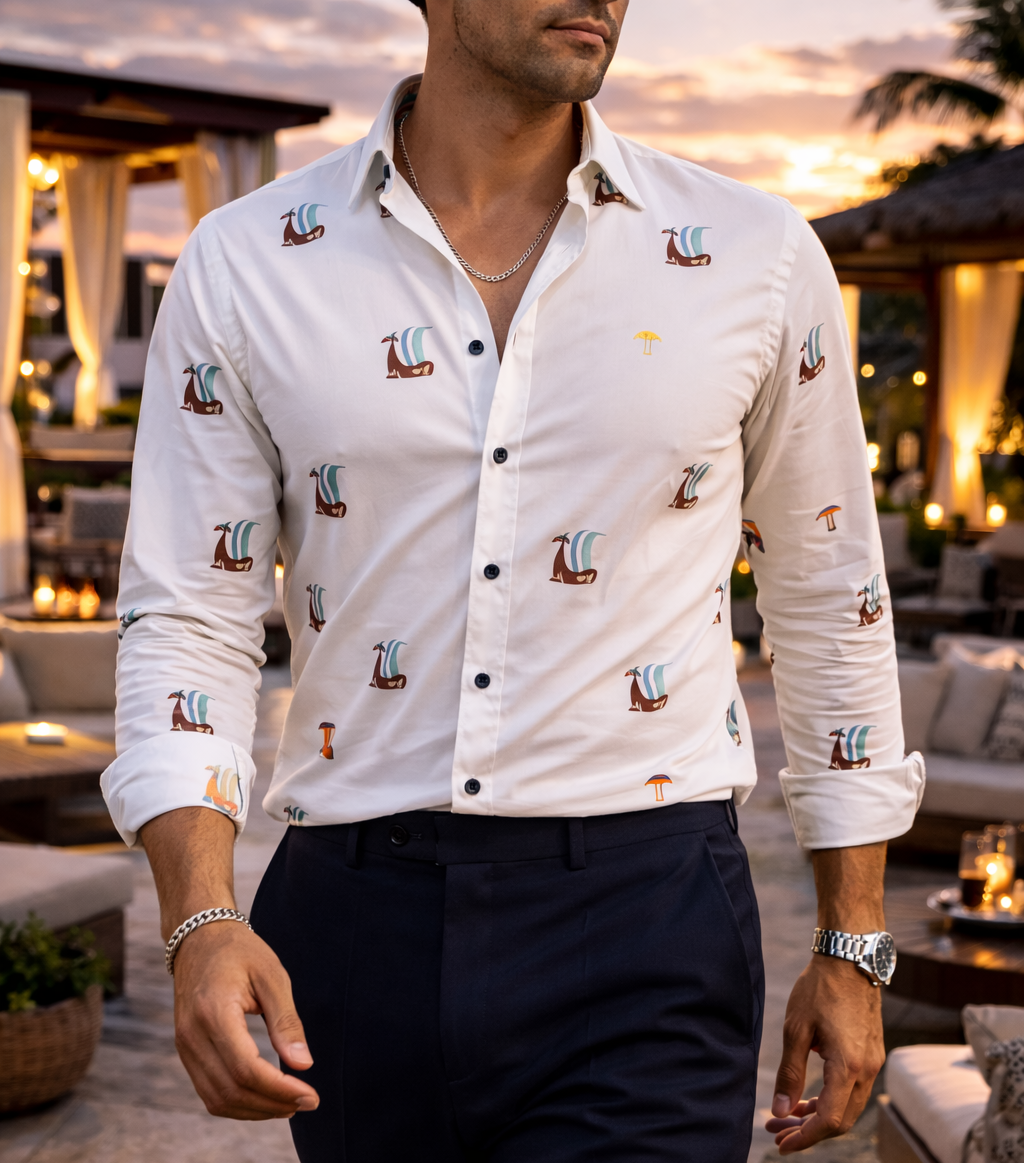 Camisa Hombre Casual Beige Figuras Mini Barcos