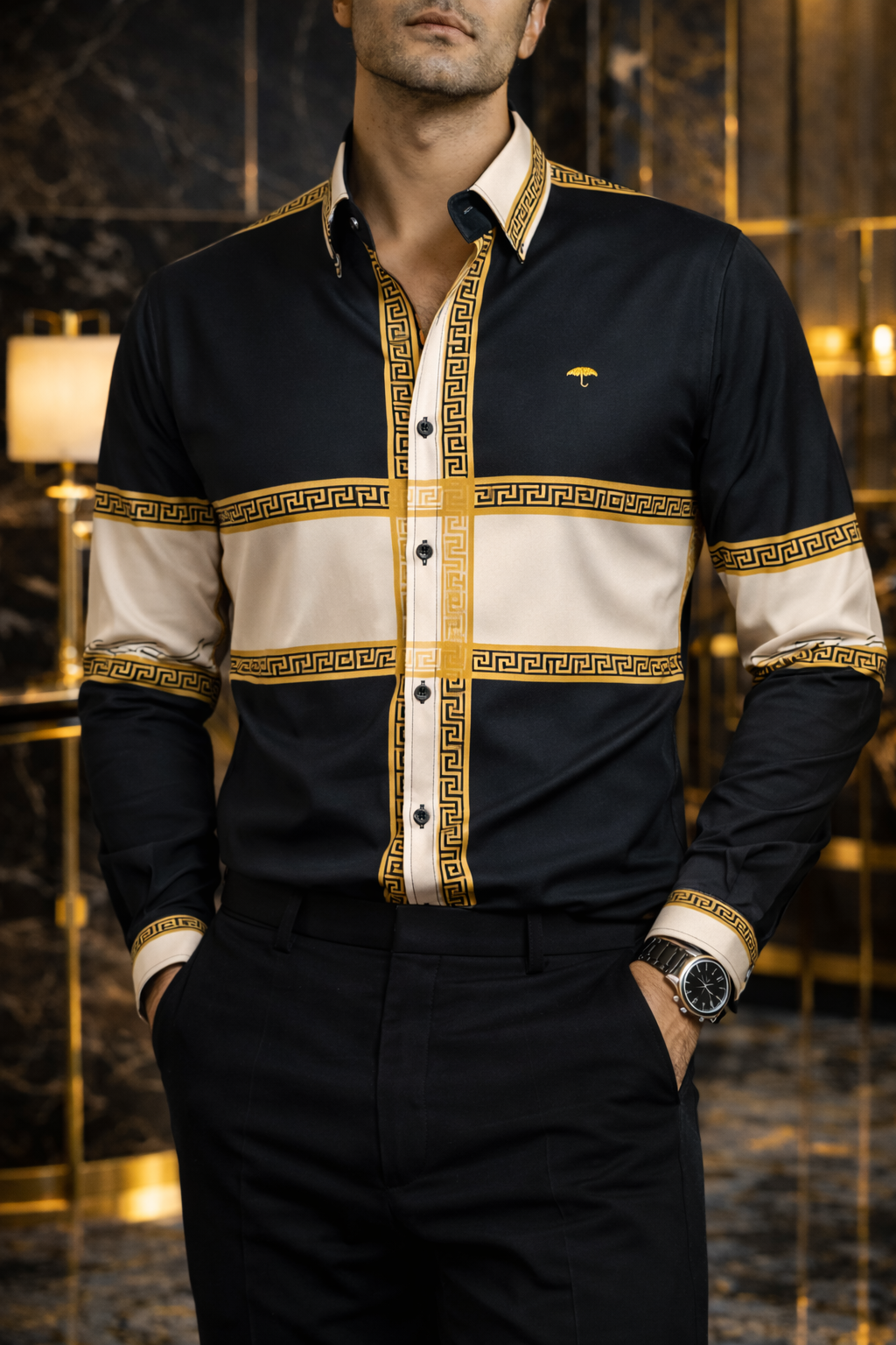 Camisa Hombre Casual Negro Beige Grecas Dorado
