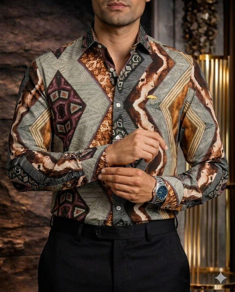 Camisa Hombre Casual Franjas Diagonales Figuras Colores