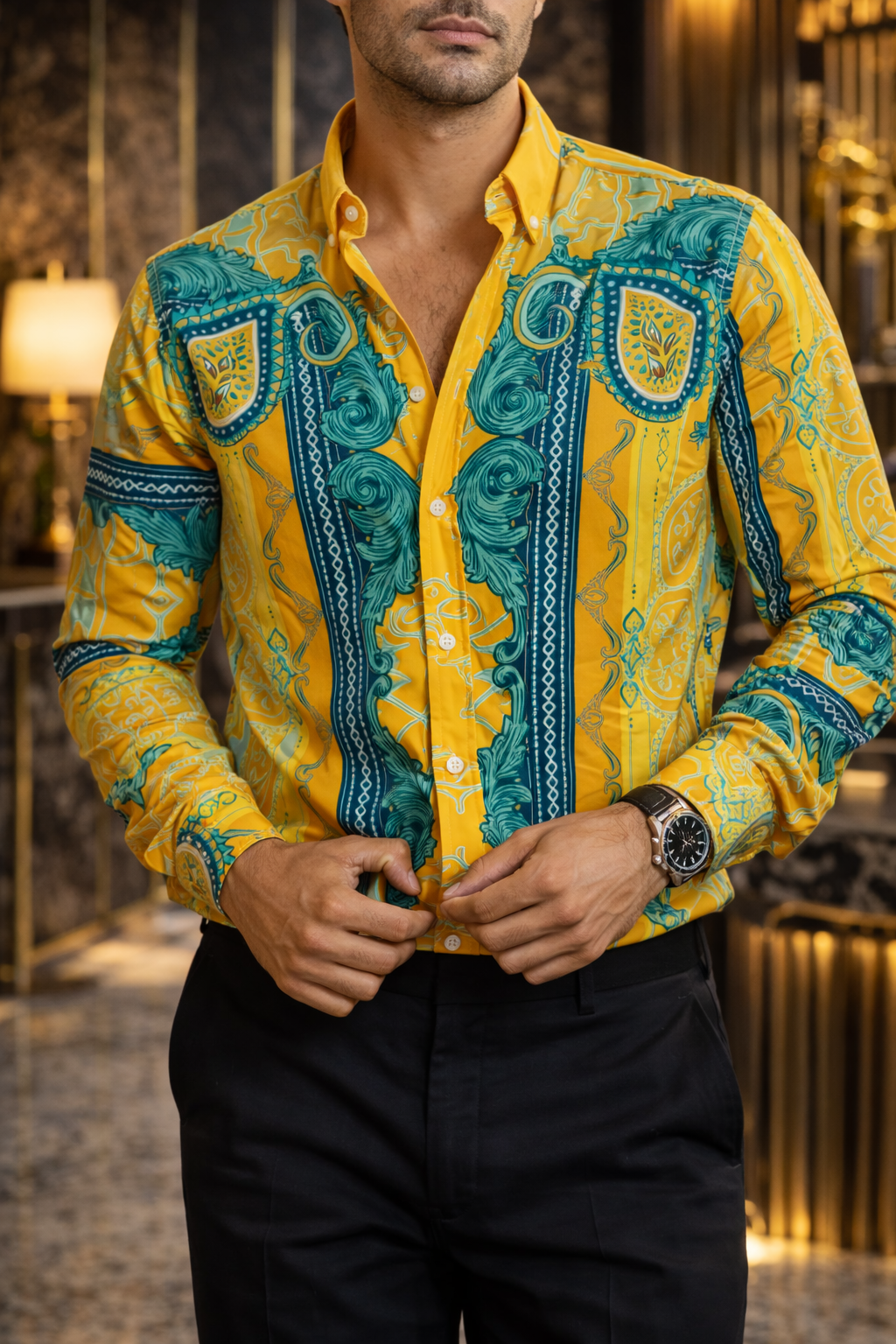 Camisa Hombre Casual Naranja Flores Amarillas Verdes y Azul