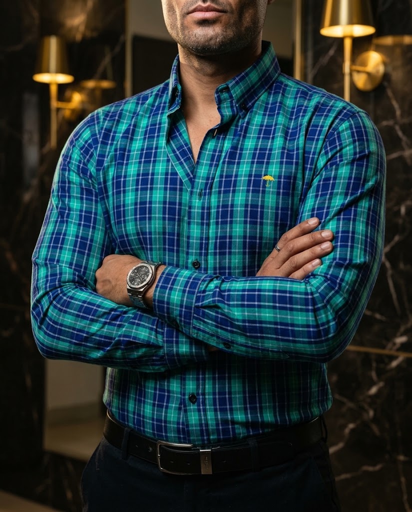 Camisa Hombre Cuadros Azul Verde — Jade Check | Moon & Rain