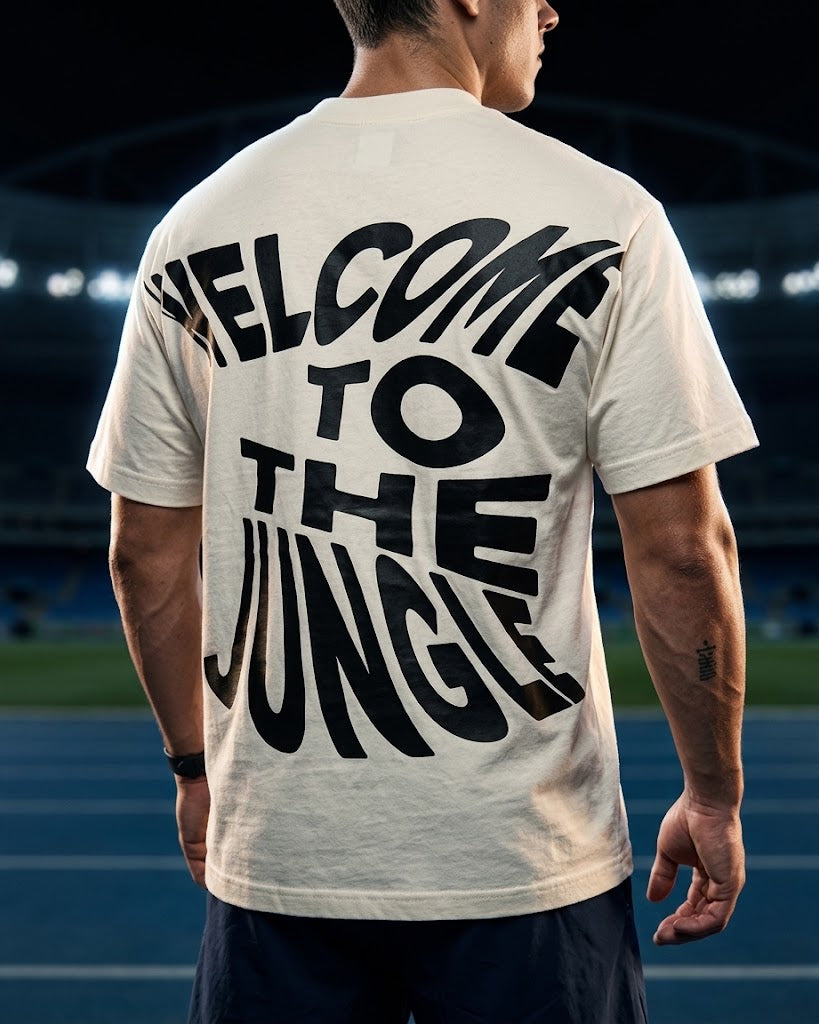 PLAYERA OVERSIZED BLANCA PARA HOMBRE WELCOME TO THE JUNGLE
