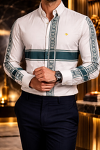 Camisa Hombre Casual Beige Franjas Azul Marino