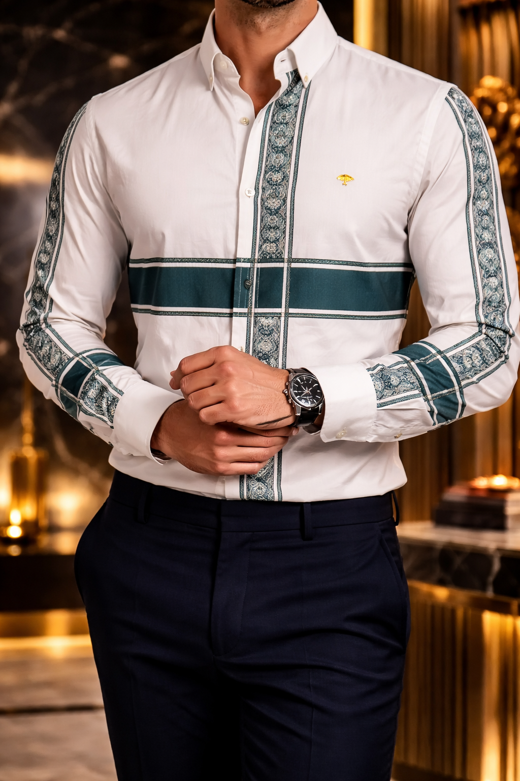 Camisa Hombre Casual Beige Franjas Azul Marino