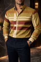 Camisa Hombre Casual Verde Olivo Detalle Griego Chocolate