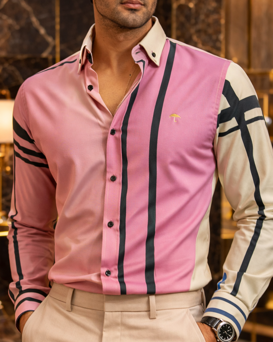 Camisa Hombre Casual Rosa Amarillo Franjas Negras