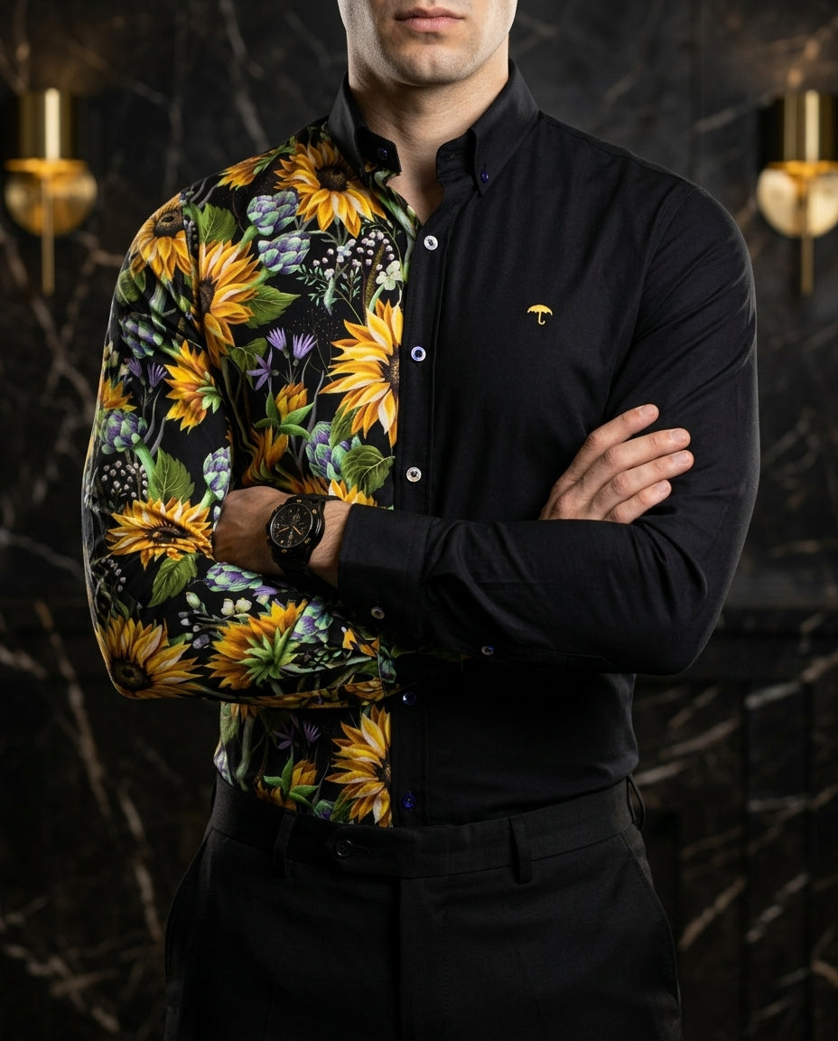 Men's Casual Slim Fit Black Half Sunflower Shirt