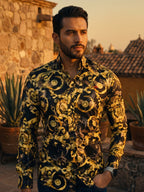 Men's Casual Slim Fit Shirt Black Flowers and Golden Leaves