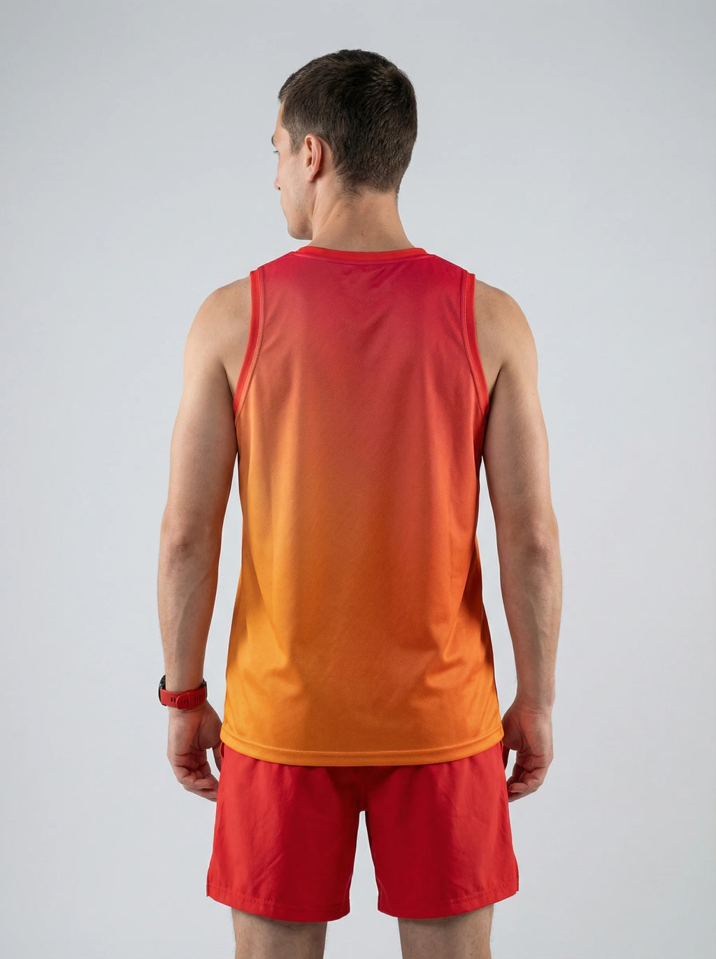 PLAYERA TANK HOMBRE SIN MANGAS ROJO DEGRADADO NARANJA KINESTESIA