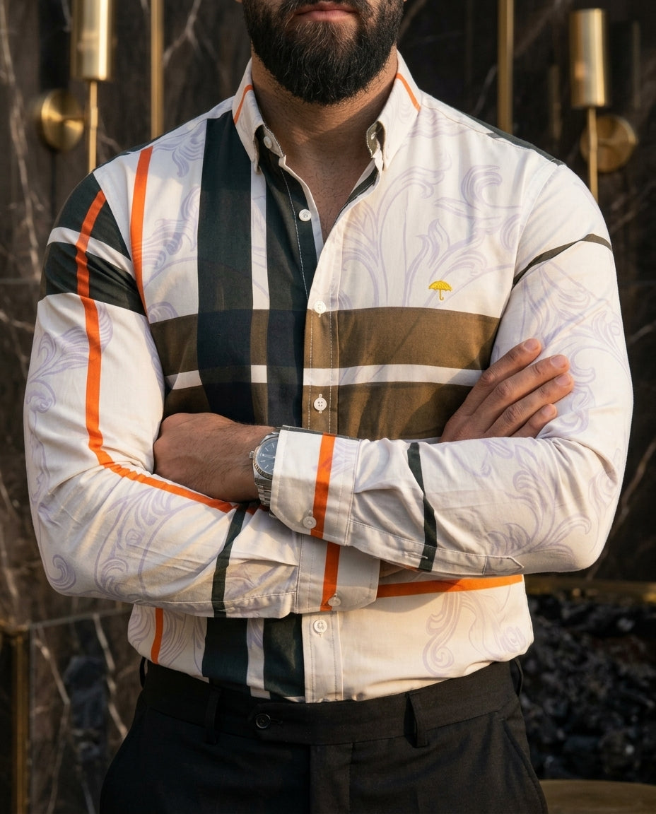 Camisa Hombre Casual Vino Figuras Doradas, Negras