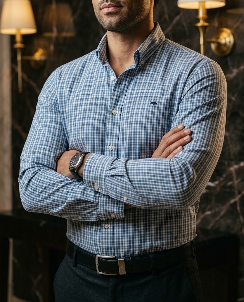 Camisa Hombre Microcuadro Azul Gris — Stone Micro | Moon & Rain
