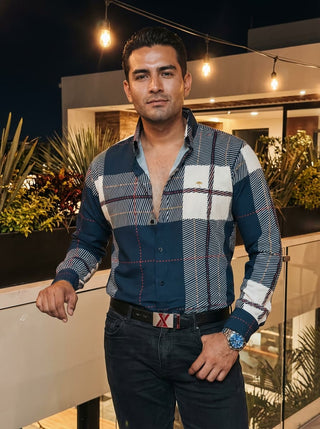 Camisa Hombre Casual Cuadros Azul Beige Líneas Rojo Morado