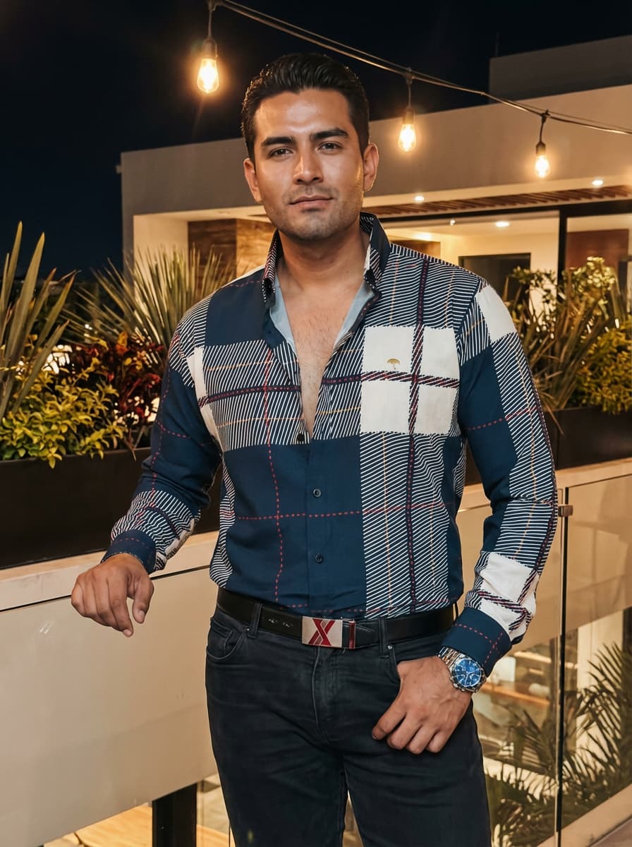 Camisa Hombre Casual Cuadros Azul Beige Líneas Rojo Morado