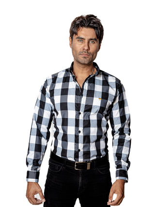 Camisa Hombre Casual Regular Cuadros Negros, Blancos