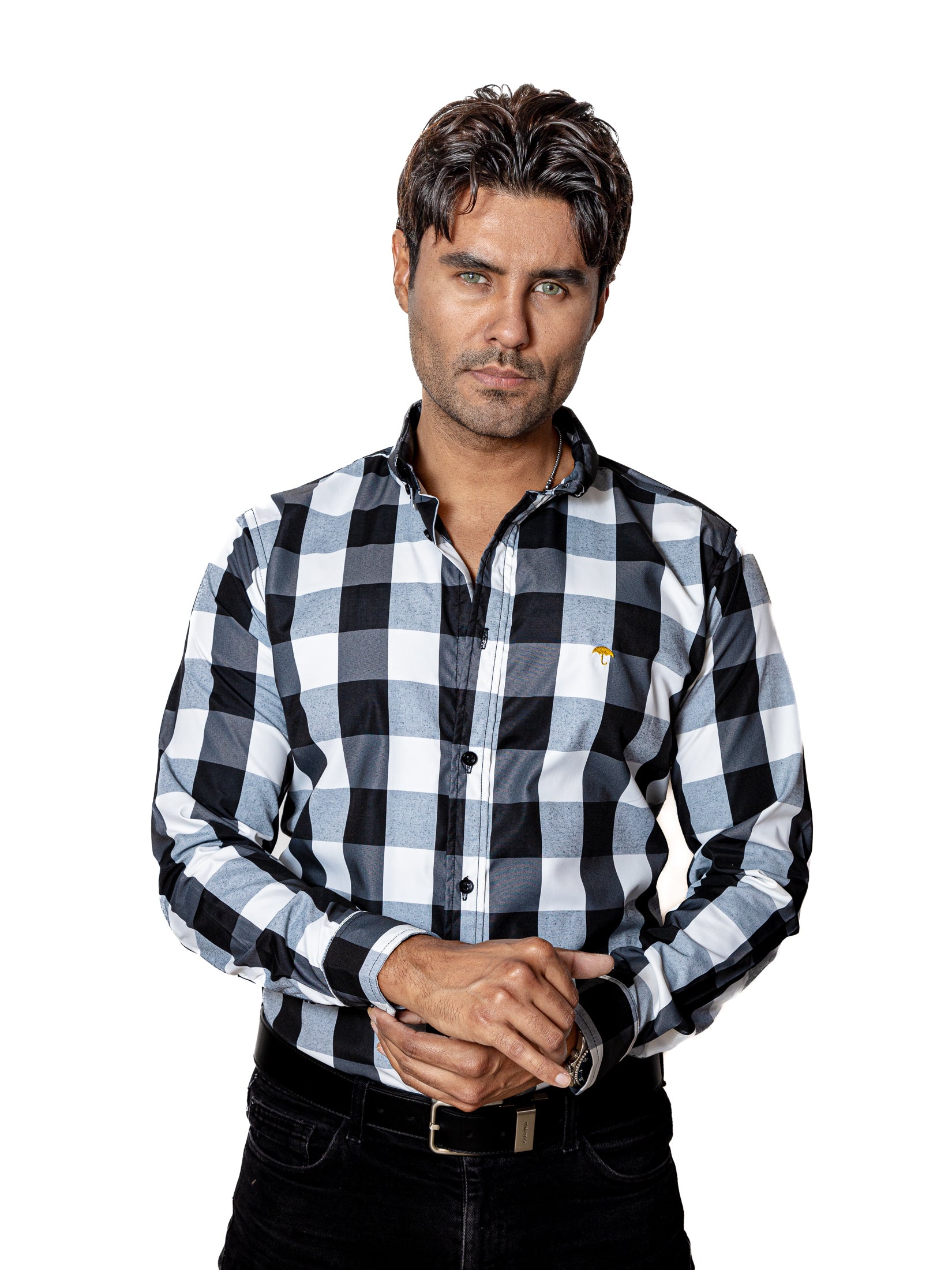 Camisa Hombre Casual Regular Cuadros Negros, Blancos - 34 (S)-Tiendas Platino