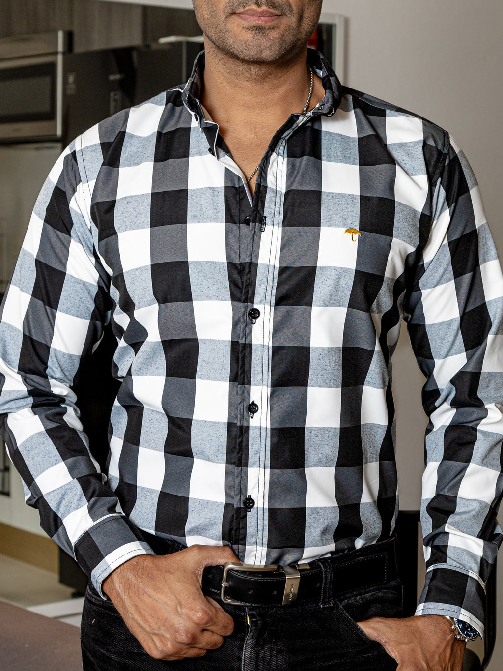 Camisa Hombre Casual Regular Cuadros Negros, Blancos - 34 (S)-Tiendas Platino
