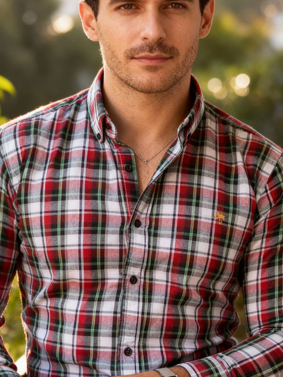 Camisa Hombre Cuadros Negro Blanco Rojo — Scarlet Check | Moon & Rain