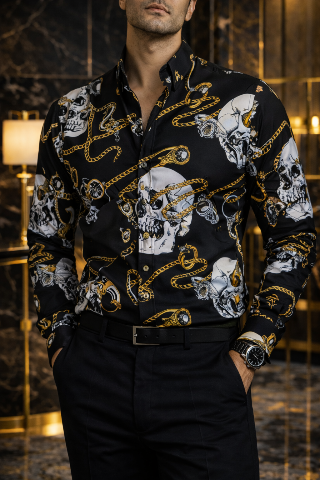 Camisa Hombre Casual Negra Calaveras Blancas Cadenas