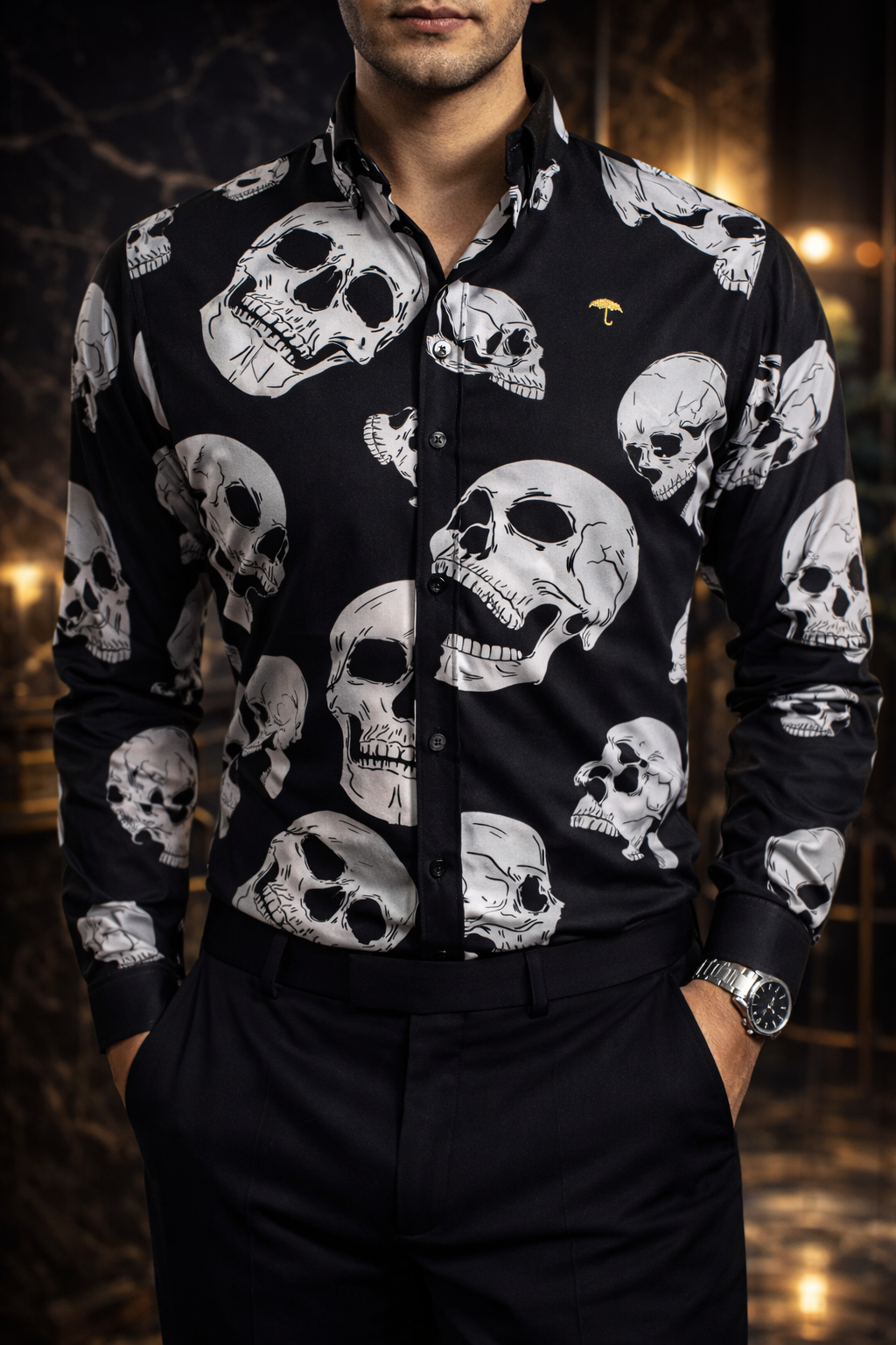 Camisa Hombre Casual Slim Fit Negra Calavera Blanca