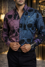 Camisa Hombre Casual Slim Fit Azul y Rosa Mate Calaveras