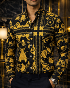 Camisa Hombre Casual Negra Floreada Insecto Dorado Barroco