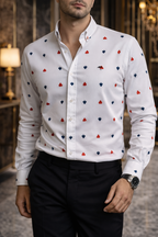 Camisa Hombre Casual Blanca Detalle Picas Trébol Corazones