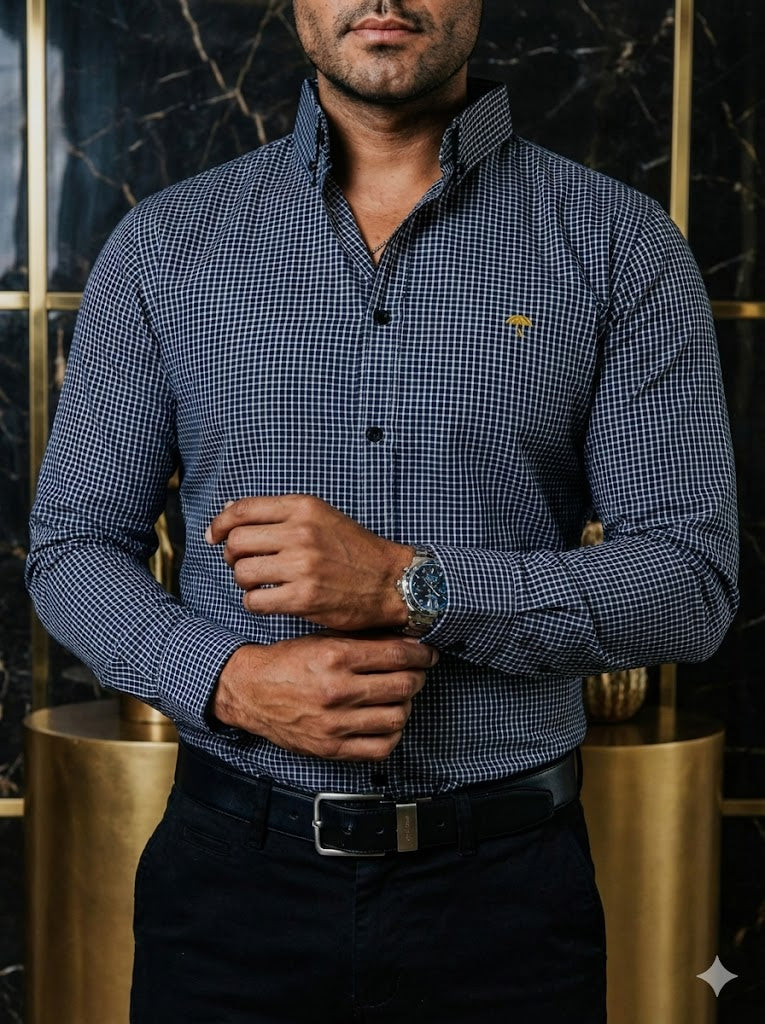 Camisa Hombre Casual Mini Cuadros Azul Marino Blancos