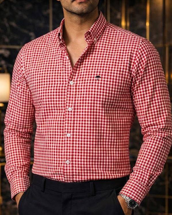 Camisa Hombre Casual Mini Cuadros Rojos Blancos