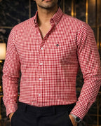 Camisa Hombre Casual Mini Cuadros Rojos Blancos