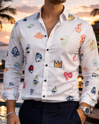 Camisa Hombre Casual Blanca Mini Figuras Colores