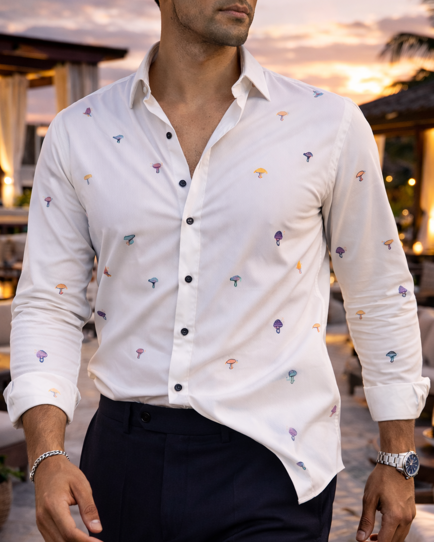 Camisa Hombre Casual Beige Mini Figuras Plantas