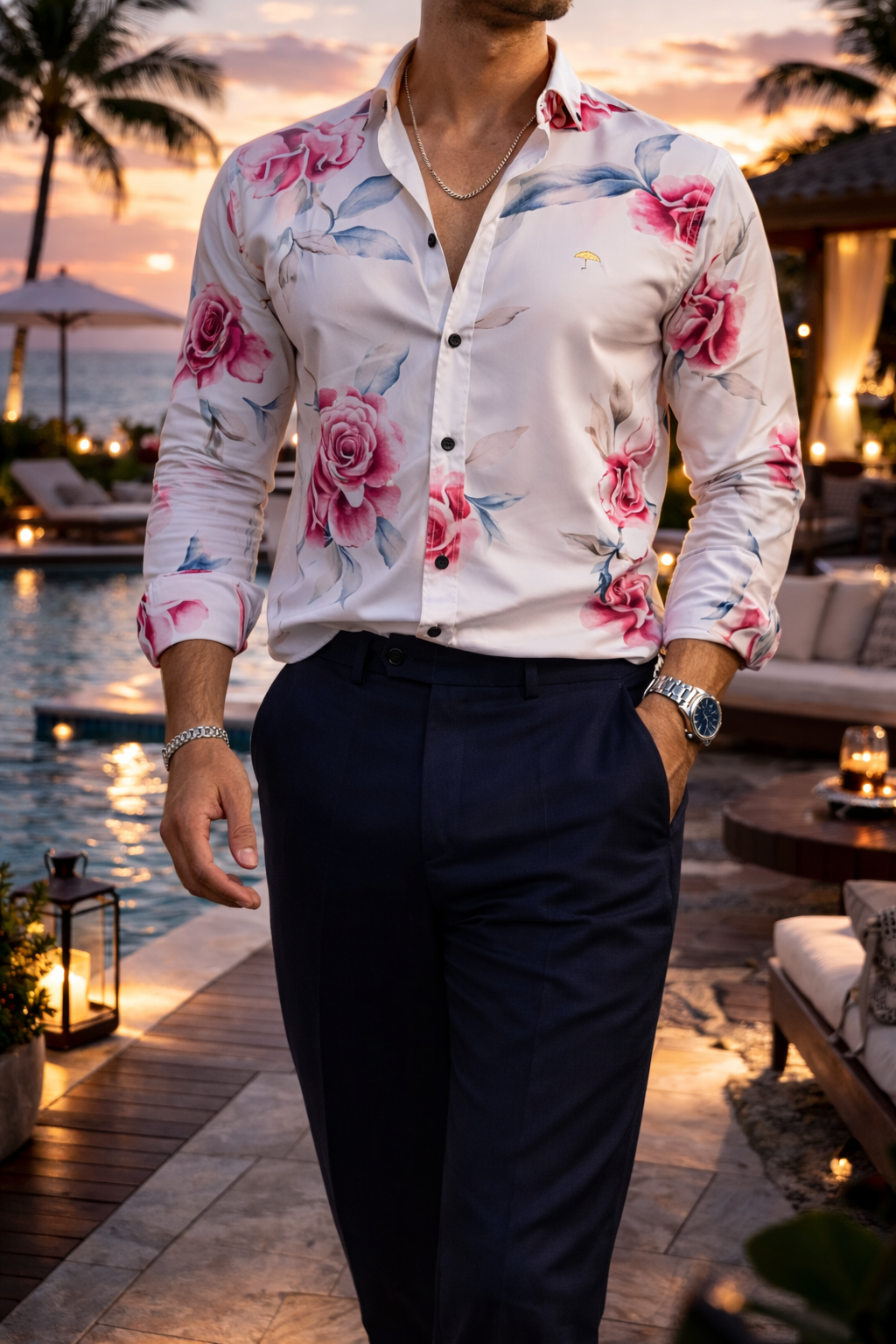 Camisa Hombre Casual Blanca Rosas