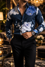 Camisa Hombre Casual Negra Rosas Moradas y Blancas