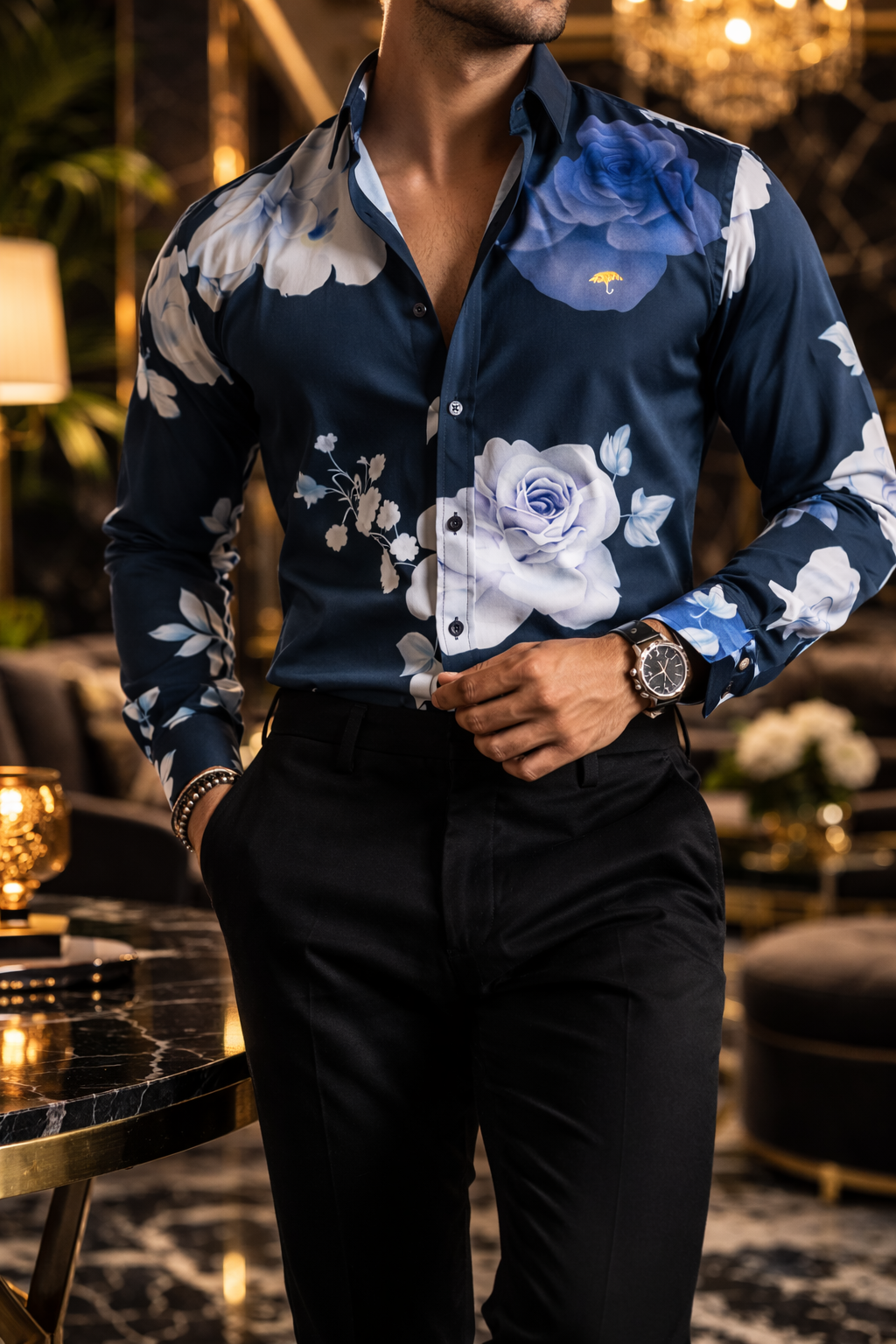 Camisa Hombre Casual Negra Rosas Moradas y Blancas