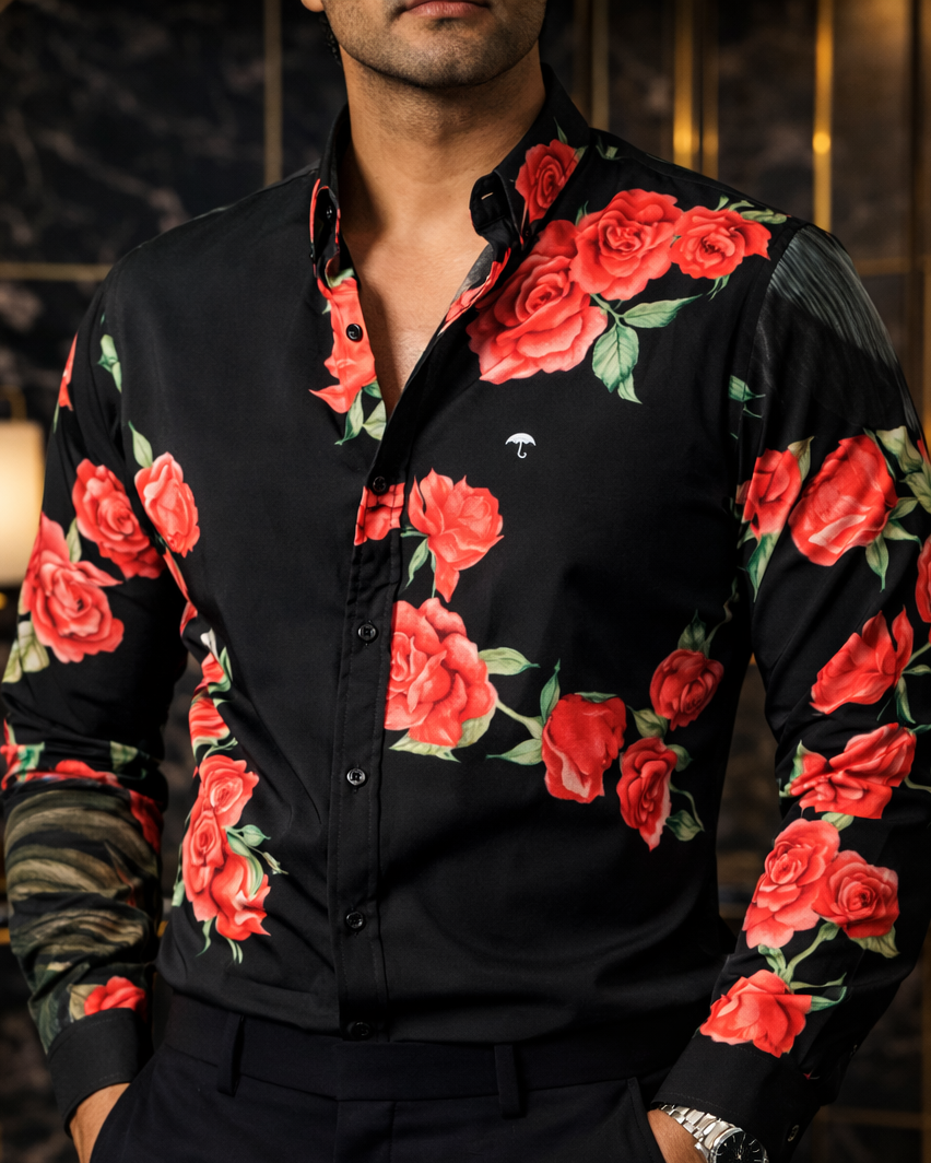 Camisa Hombre Casual Negra Gallo Flores Rosas Rojas
