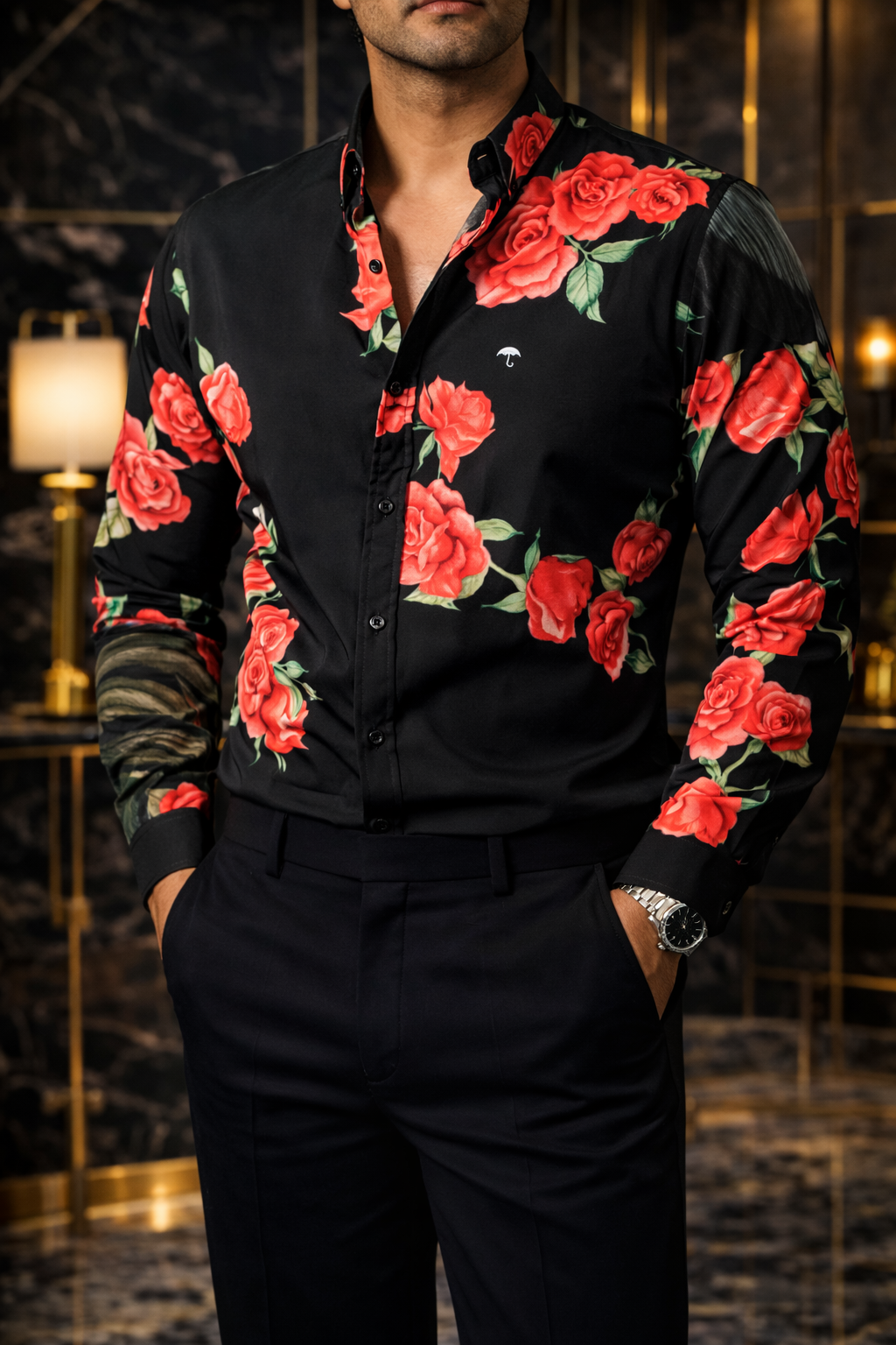 Camisa Hombre Casual Negra Gallo Flores Rosas Rojas