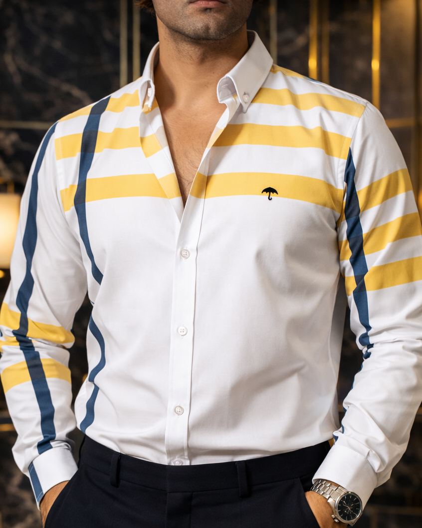 Camisa Hombre Casual Líneas Amarillo y Azul Marino