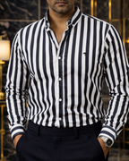 Camisa Hombre Casual Rayas Gris Blanco