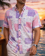 Men's Casual Short-Sleeved White Shirt with Pink Plaid Bandanas