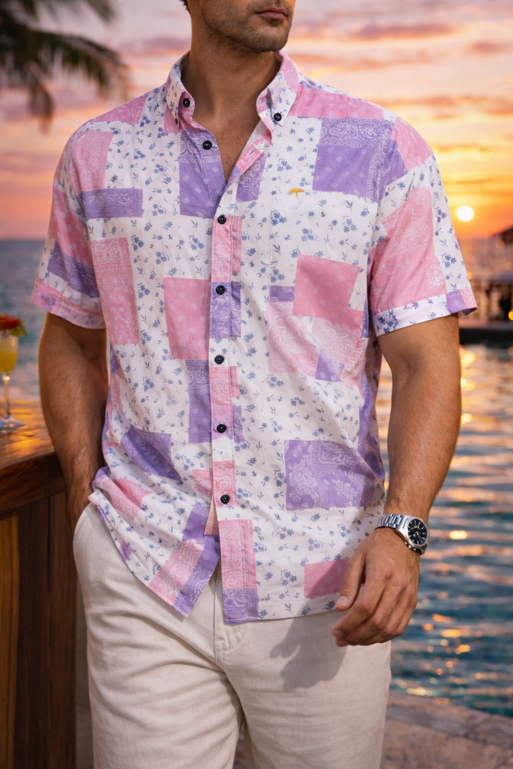 Camisa Hombre Casual Manga Corta Blanca Cuadros Rosas Bandanas