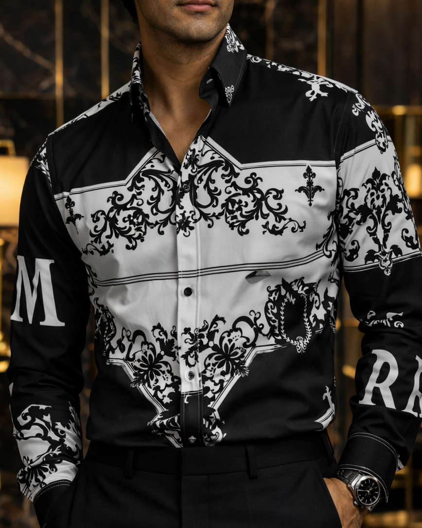 Camisa Hombre Casual Negra, Blanca Flores Barroco