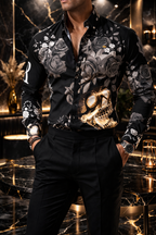 Camisa Hombre Casual Negro Rosas Con Calavera