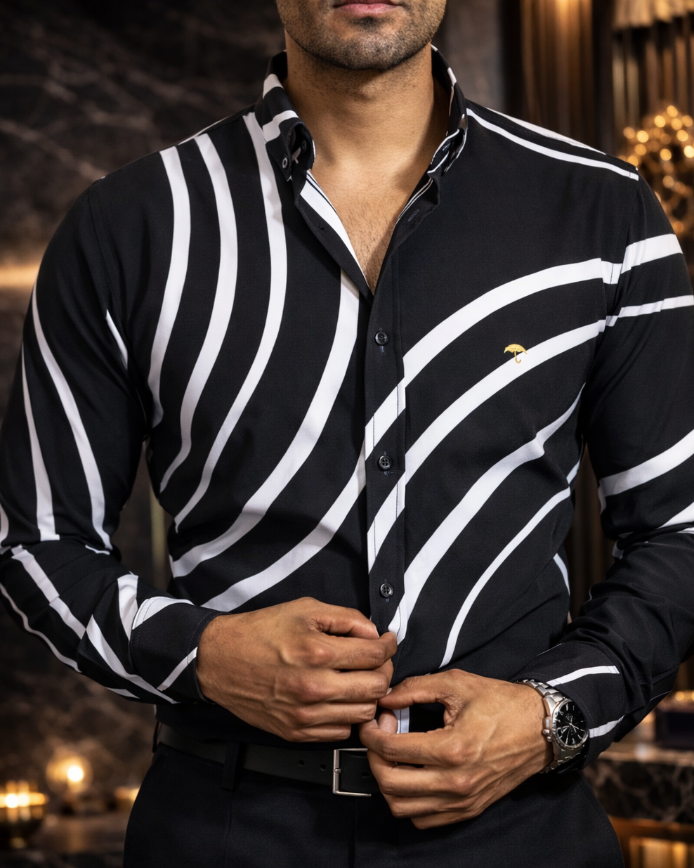 Camisa Hombre Casual Negra Círculos Blancos