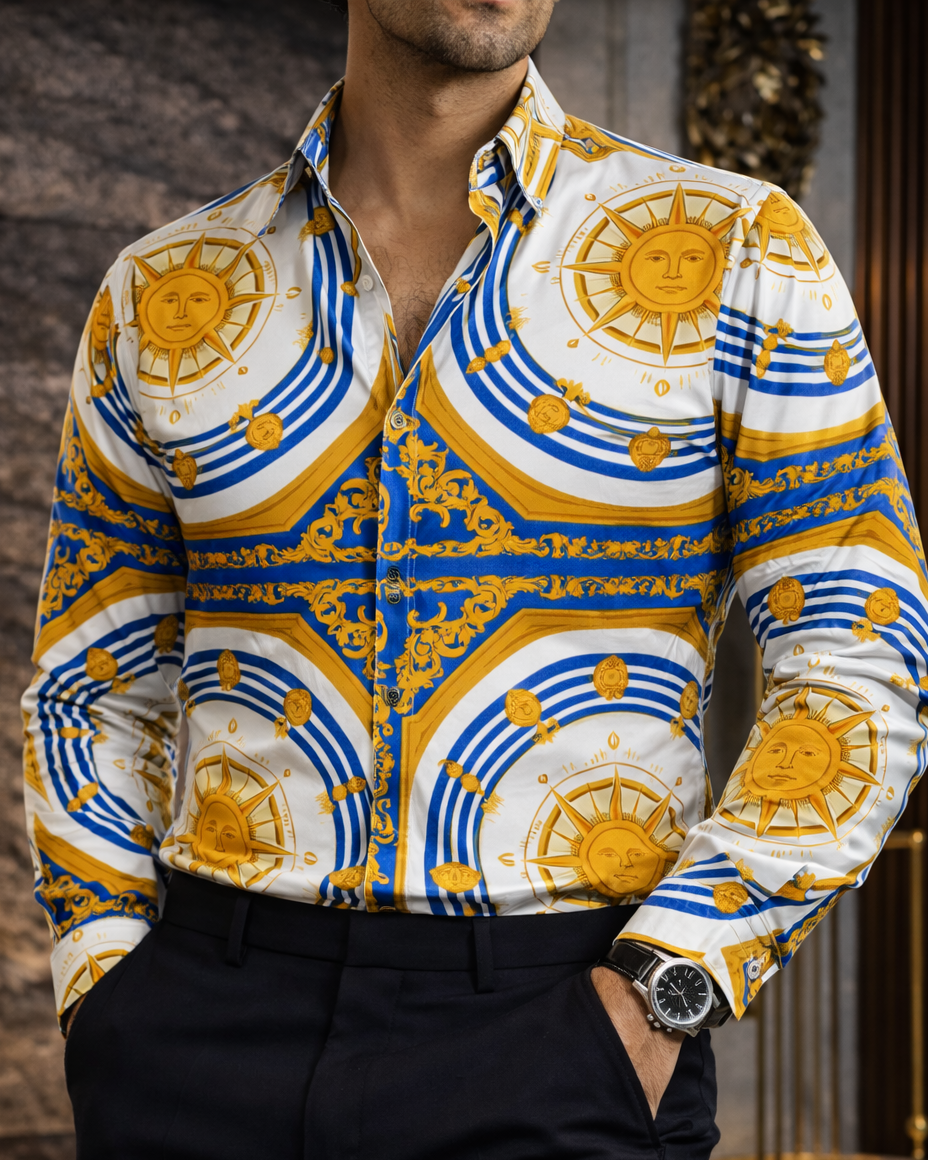 Camisa Hombre Casual Blanca Soles Figuras Doradas, Azul