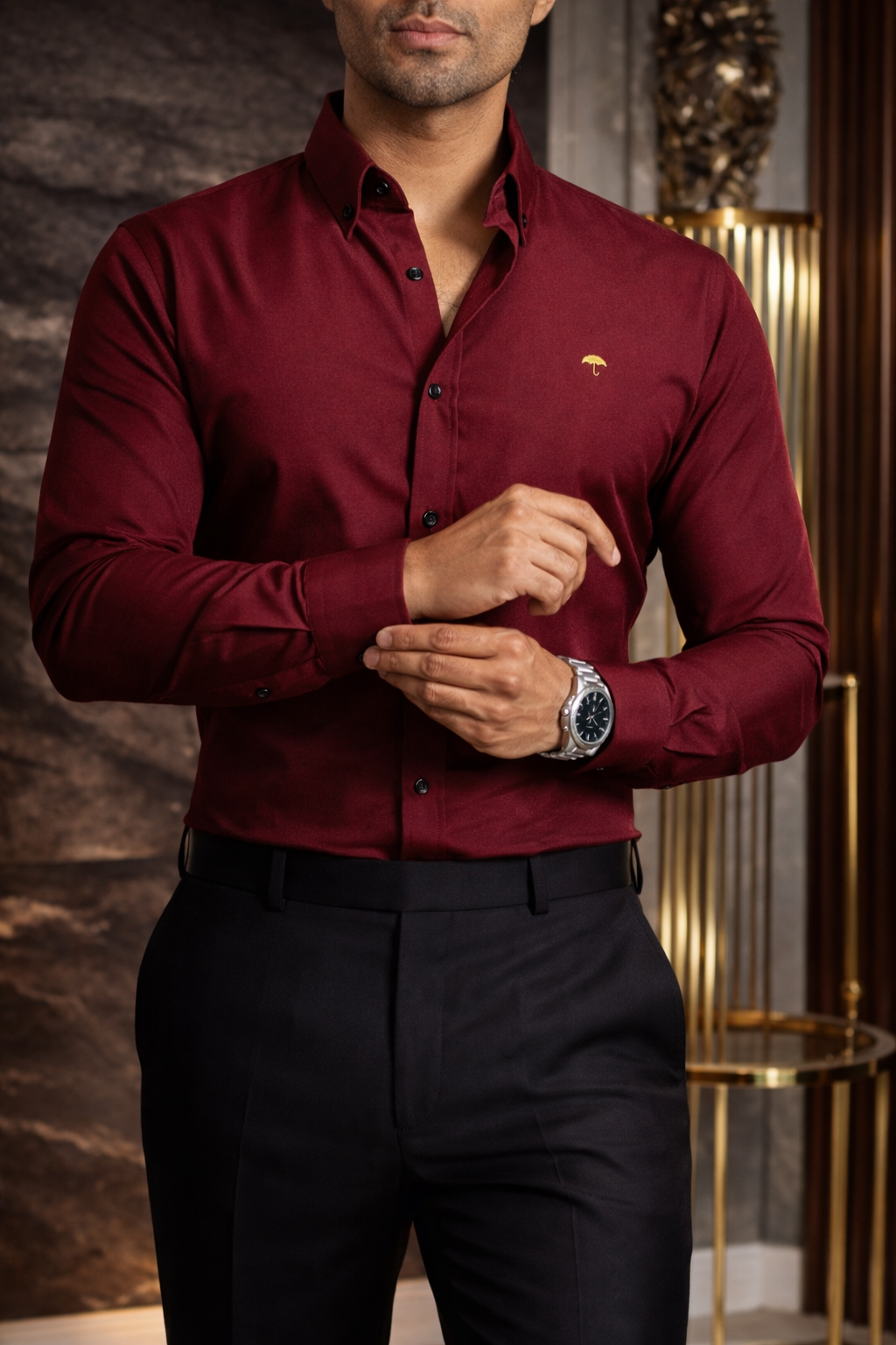 Camisa Hombre Casual Manga Larga Vino Lisa