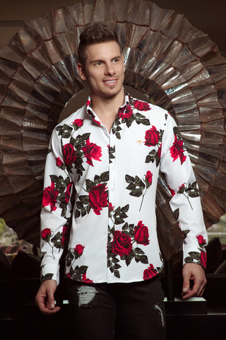 Camisa Hombre Casual Slim Fit Blanca Rosas Rojas