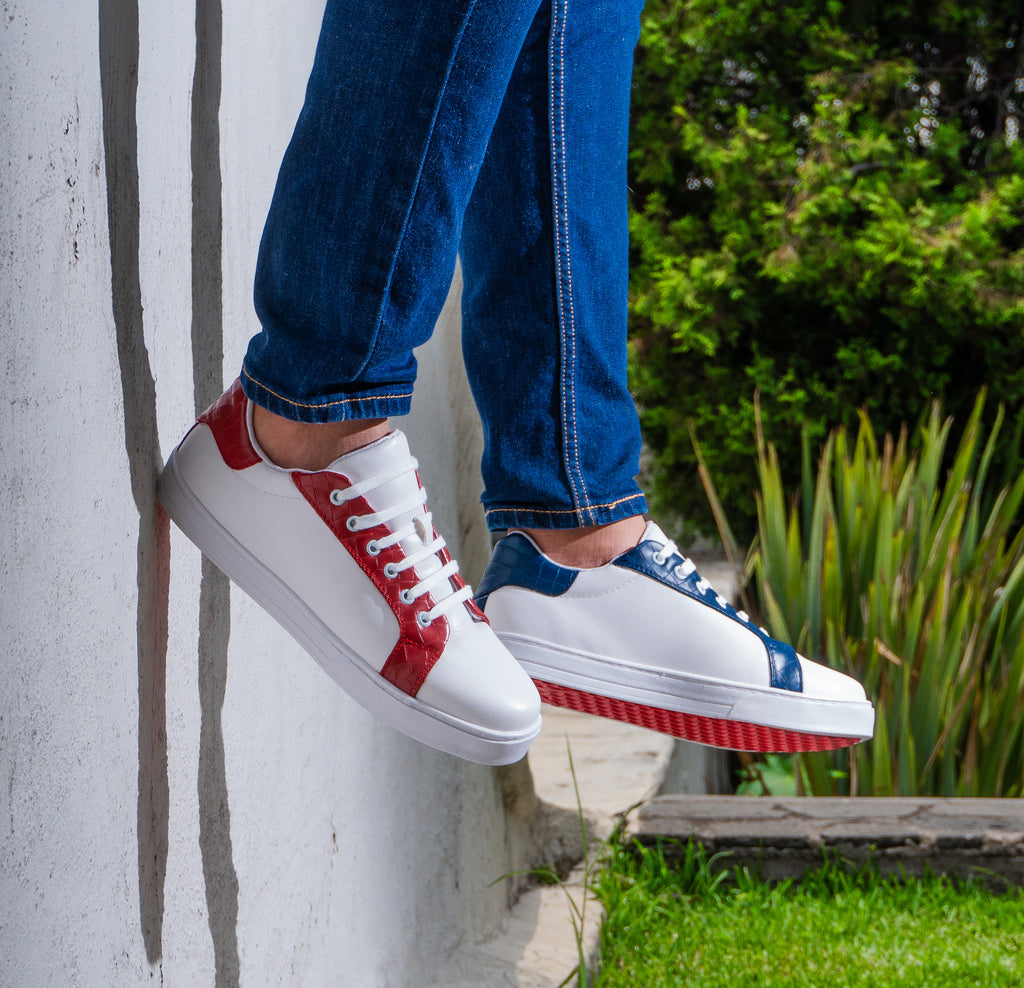 Tenis Sneakers Hombre Blanco Liso Texturizado Rojo Y Azul PIEL - Tiendas Platino Tenis Hombre 25 MX