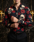 Camisa Hombre Estampado Negro Rojo Rosa — Crimson Rose | Moon & Rain